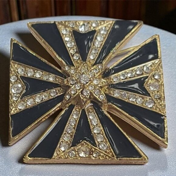 Vintage 1940s Black Enamel & Rhinestone Maltese Cross Brooch/Pendant Enhancer - Picture 2 of 6